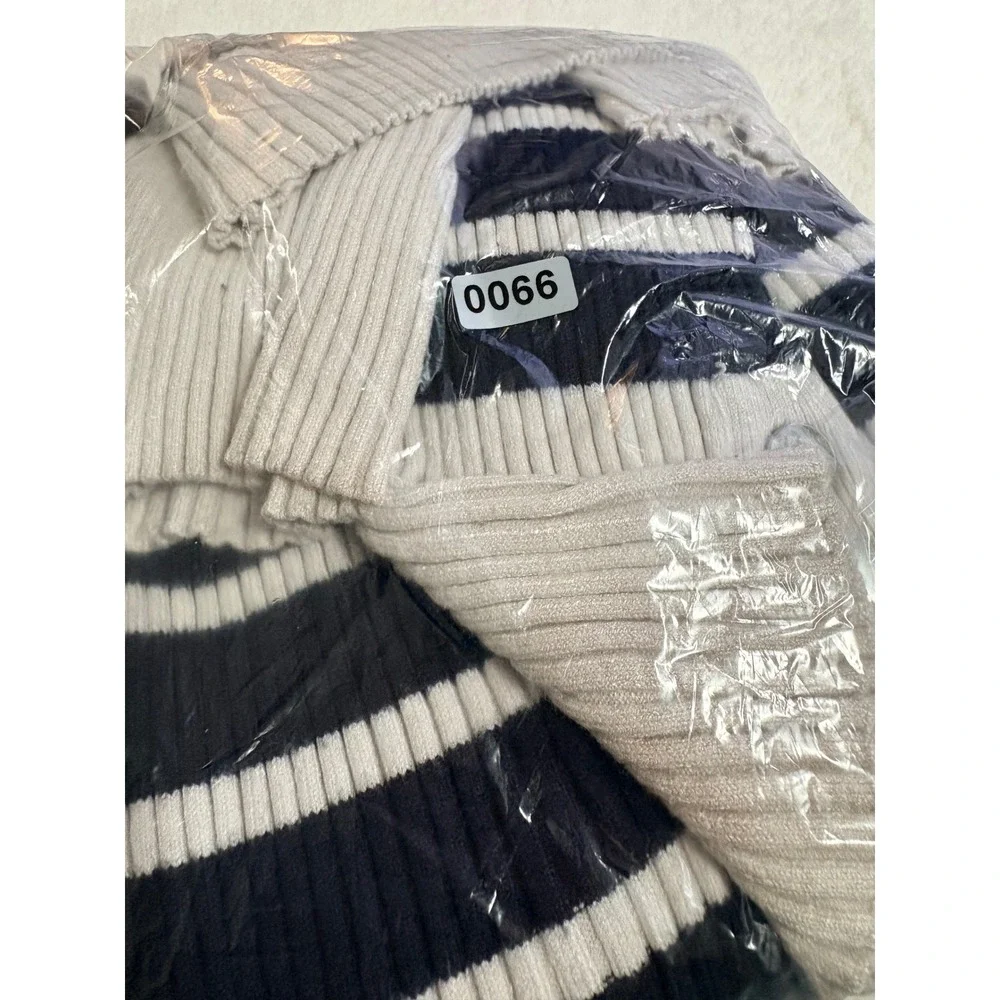 Striped Ribbed Knit Long Sleeve Top Nautical Button‎ Detail Navy White L